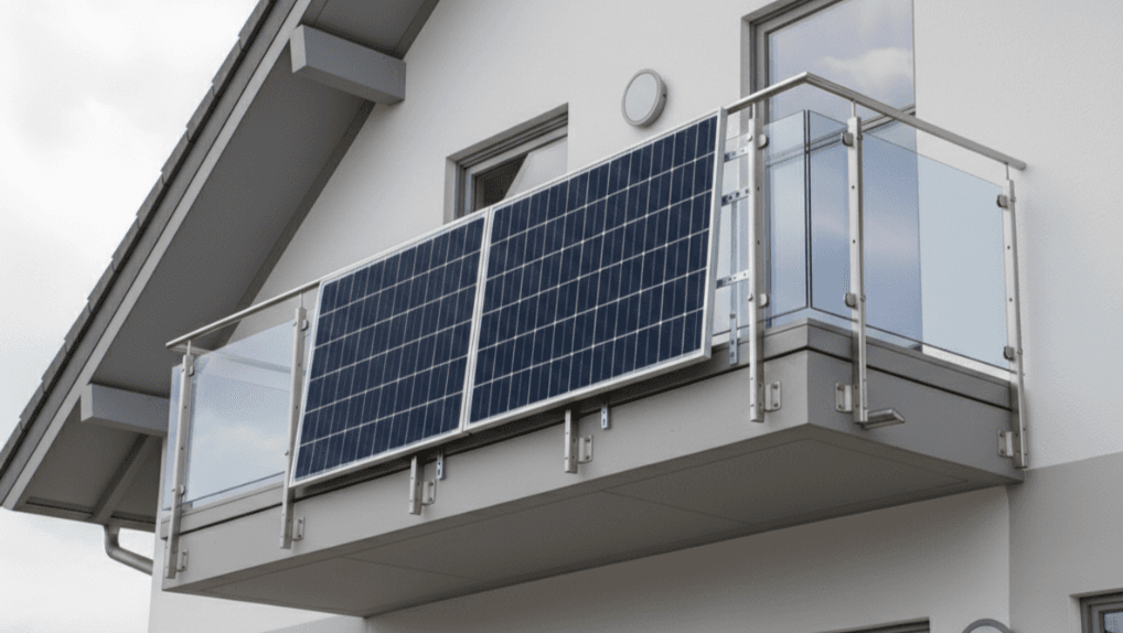 Senkrechte Montage eines Balkon-PV-Moduls am Geländer