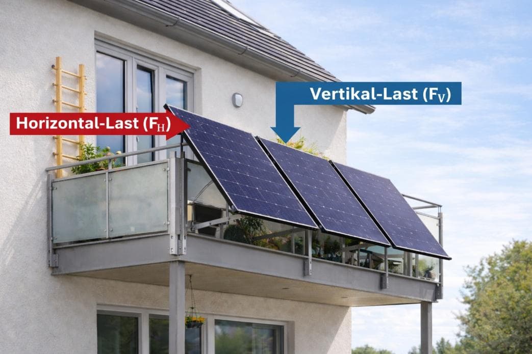 Balkon-PV-Anlage mit Darstellung der Vertikal- und Horizontallast